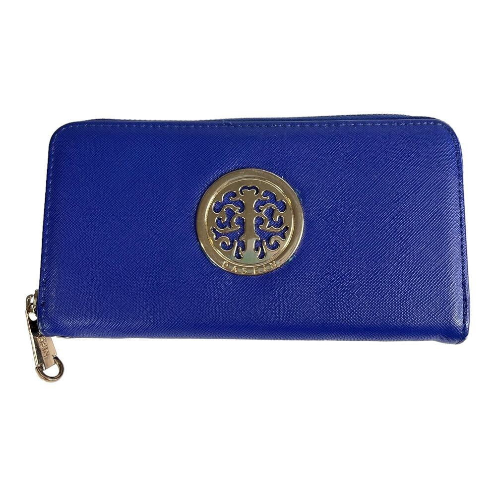 Dasein Zip Around WALLET Blue Gold Emblem Clutch Handbag Purse Faux Leather
